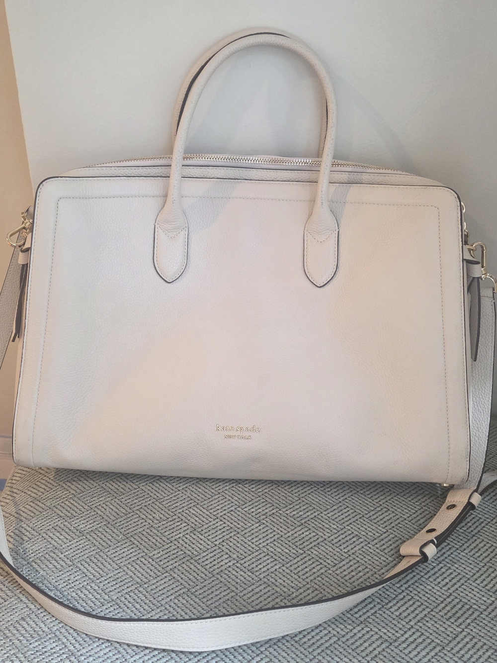 kate spade Cream Leather Work Tote with Top Handles and Detachable Strap